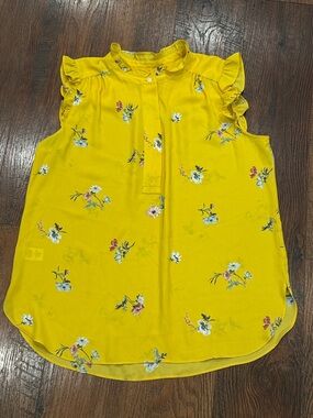 LOFT Bright Yellow Floral Ruffle Sleeve Top